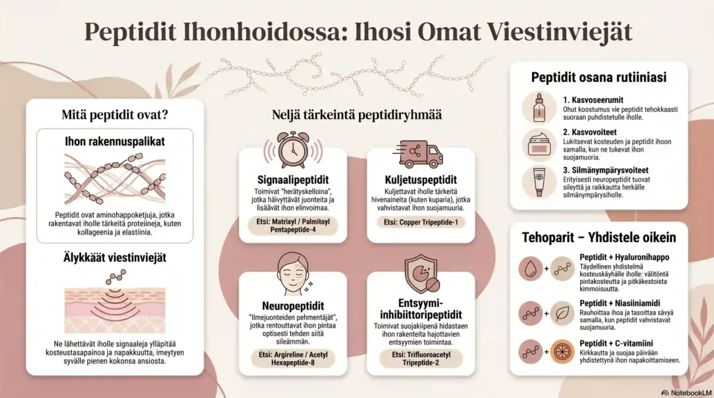 Opastava ja selkeä infograafi peptidien hyödyistä ja käytöstä ihonhoidossa. Tekstissä selitetään peptidien toiminta amino酸ketjuina ja ihon rakennuspalikoina. Graafi esittelee neljä tärkeintä peptidiryhmää: signaalipeptidit, kuljetuspeptidit, neuropeptidit ja entsyymi-inhibiittoripeptidit esimerkkiraaka-aineineen (kuten Matrixyl ja Argireline). Lisäksi infograafi neuvoo peptidien lisäämisen ihonhoitorutiiniin kasvoseerumien, voiteiden ja silmänympärysvoiteiden muodossa sekä esittelee toimivat tehoparit hyaluronihapon, niasiiniamidin ja C-vitamiinin kanssa.