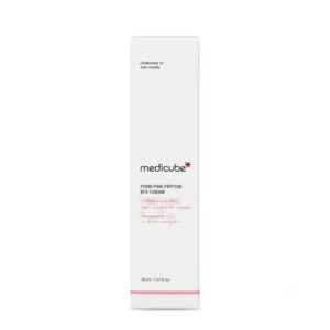 Medicube PDRN Pink Peptide Eye Cream -silmänympärysvoiteen valkoinen kartonkinen ulkopakkaus pystyasennossa puhtaalla valkoisella taustalla.