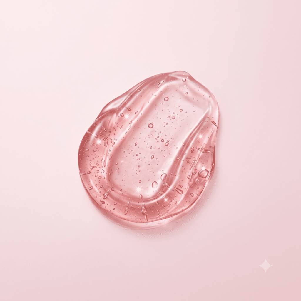 Yksityiskohtainen lähikuva orgaanisen pyöreästä, läpikuultavasta ja heleän vaaleanpunaisesta geelivoidetipasta, jonka sisällä on pieniä ilmakuplia ja pinnalla kimaltelevia heijastuksia pehmeällä vaaleanpunaisella taustalla.