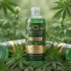 Pystyssä oleva Biotaniqe CBD Micellar Water 400 ml -misellivesipullo ja sen takana makuullaan olevat kaksi muuta pulloa tuoreiden vihreiden hampunlehtien keskellä sumennetulla luontotaustalla.