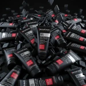 Musta DermoFuture DF5 Anti-Hair Loss Shampoo -tuubi pystyssä hiilikutrojen ja muiden shampootuubien keskellä tummalla taustalla.