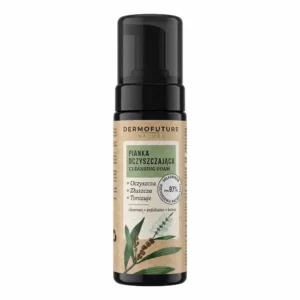 DermoFuture Nature -kasvojen puhdistusvaahtopullo mustalla pumppukorkilla ja luonnonläheisellä etiketillä, jossa on kasvikuvitus sekä teksti Cleansing Foam.