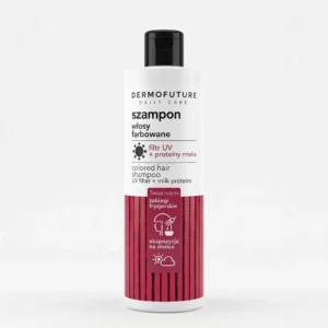 Vaihtoehtoinen teksti (Alt-teksti) DermoFuture Daily Care -shampoo värjätyille hiuksille valkoisessa muovipullossa mustalla korkilla ja punamustalla etiketillä valkoisella taustalla.