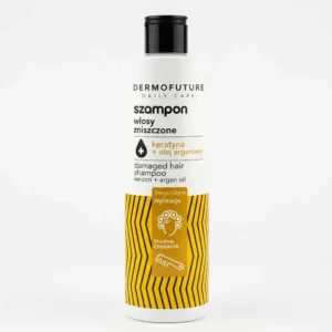 DermoFuture Daily Care -shampoo vaurioituneille hiuksille valkoisessa muovipullossa mustalla korkilla ja keltamustalla etiketillä valkoisella taustalla.