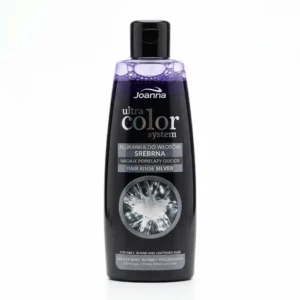 Joanna Ultra Color Silver -hopeahiusvesipullo tummanvioletilla nesteellä, mustalla korkilla ja hopeanharmaalla etiketillä valkoisella taustalla.