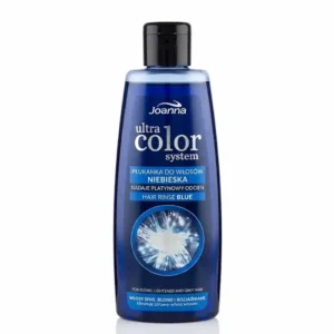 Joanna Ultra Color Blue -hiushuuhtelupullo sinisellä nesteellä, mustalla korkilla ja sinisellä etiketillä valkoisella taustalla.
