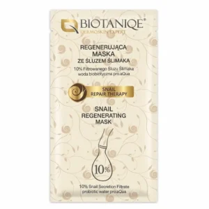Biotaniqe Snail Regenerating Mask -kangasnaamio/kasvonaamiopussi valkoisella taustalla. Vaaleankeltaisessa pakkauksessa on kultaisia etana- ja köynnöskuvioita sekä tekstit "Snail Repair Therapy" ja "10% Snail Secretion Filtrate".