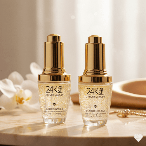 Kaksi kultahippuja sisältävää Bio Aqua 24K Gold -seerumipulloa marmoritasolla valkoisen orkidean vieressä.