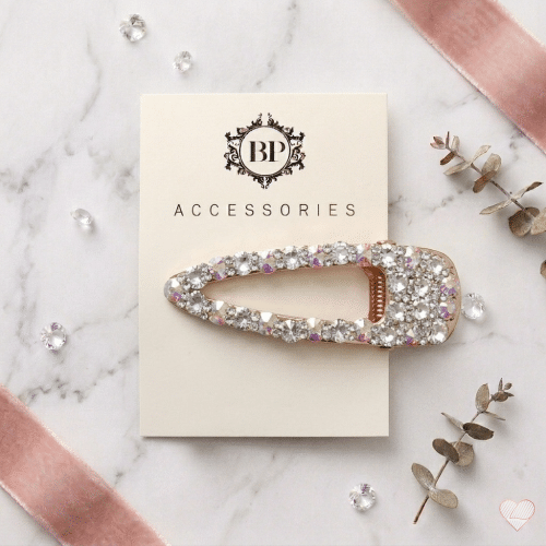 Kullanvärinen pisaranmuotoinen hiussolki, joka on päällystetty kimaltelevilla kirkkailla ja hologrammihohtoisilla strassikivillä.