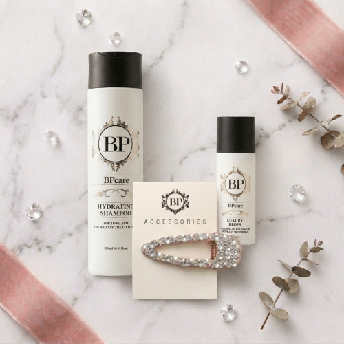 BPcare Hydrating Shampoo ja Luxury Drops -hiustuotteet sekä kimalteleva, hopeanhohtoinen kivillä koristeltu hiusklipsi vaalealla marmoritaustalla.