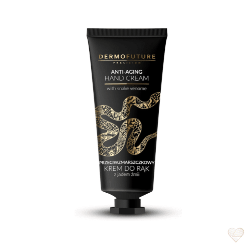 Musta DermoFuture Anti-aging Hand Cream -tuubi, jossa on koristeellinen kullanvärinen käärmekuvio.