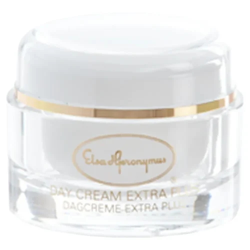Tyylikäs valkoinen Elsa Hjeronymus Day Cream Extra Plus -päivävoidepurkki kultaisilla yksityiskohdilla ja teksteillä.