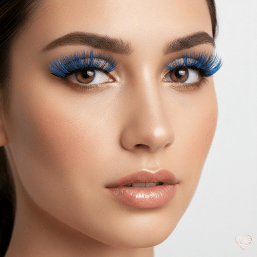 Lähikuva naisen kasvoista, jolla on tuuheat, sähkönsiniset irtoripset ja hehkuva juhlameikki.