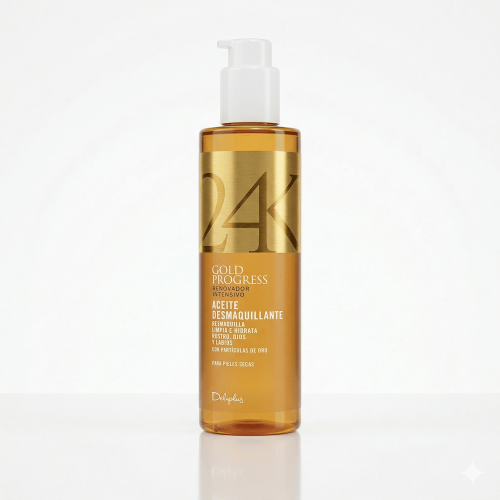 Kultahiukkasia sisältävä Deliplus Gold Progress 24K -puhdistusöljy pumppupullossa kuivalle iholle.
