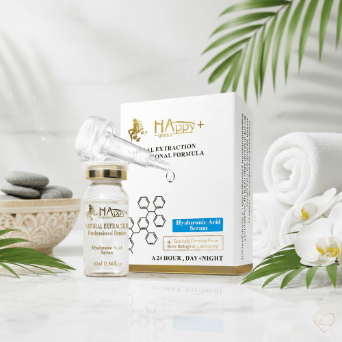 Happy+ Hyaluronihappo Seerumi -pullo, pipetti ja pakkaus valkoisella marmorilla spa-ympäristössä.