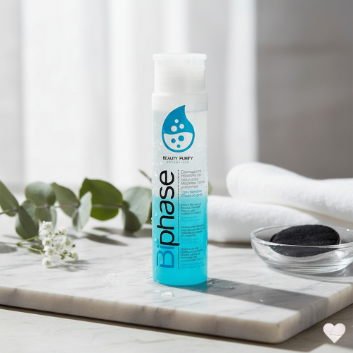 Kaksivaiheinen sinivalkoinen meikinpoistoainepullo marmorialustalla kylpyhuoneympäristössä eukalyptuksen oksan kera.