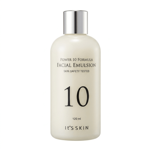Vaalean kermanvärinen, mattapintainen It’s Skin Power 10 Formula Facial Emulsion -emulsiopullo hopeisella korkilla valkoisella taustalla.
