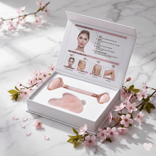 Vaaleanpunainen ruusukvartsista valmistettu kasvorulla ja Gua Sha -kivi tyylikkäässä lahjapakkauksessa kirsikankukkien ympäröimänä.