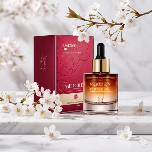 Mercilen Essence Oil Rose Squalane -kasvoöljy lasisessa pipettipullossa, punainen koristeltu myyntipakkaus ja vaaleanpunaisia kirsikankukkia valkoisella marmorialustalla.