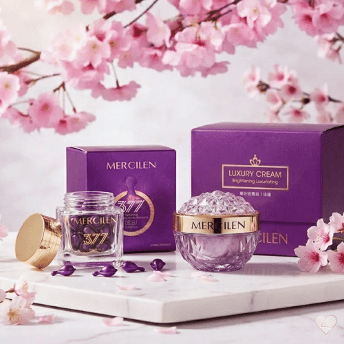 Mercilen Luxury Cream -kollageenivoide ja 377-seerumikapselit kirsikankukkien ympäröimänä.