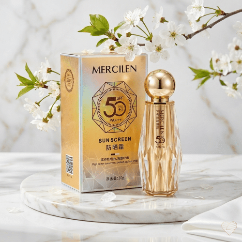 Kultainen Mercilen Sunscreen SPF 50 -aurinkovoidepullo ja hologrammipintainen myyntipakkaus pyöreällä marmorialustalla, taustalla valkoisia kirsikankukkia.