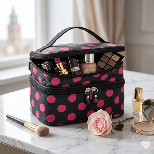 Musta meikkilaukku vaaleanpunaisilla pilkuilla, avattu yläosa täynnä kosmetiikkaa marmoripöydällä ikkunan edessä.