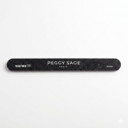 Yksittäinen musta Peggy Sage -kynsiviila vaakatasossa valkoisella taustalla. Viilassa on valkoinen Peggy Sage Paris -logo ja merkintä karkeusasteesta 100/180.