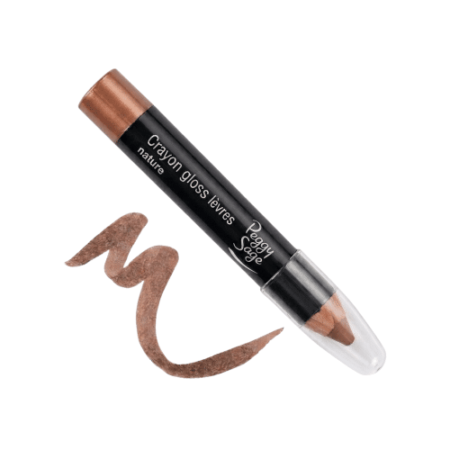 Peggy Sage Crayon gloss lèvres nature -huulikiiltokynä ja sen viereen tehty aaltoileva väriveto, joka esittelee luonnollisen vaaleanruskean, nuden sävyn valkoisella taustalla.