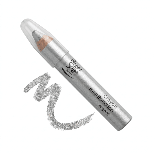 Peggy Sage Crayon multifonction argent -meikkikynä ja kimaltava hopeinen väriveto valkoisella taustalla.