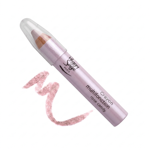 Peggy Sage Crayon multifonction rose candy -meikkikynä ja kimalteleva, vaaleanpunainen helmiäisväriveto valkoisella taustalla.