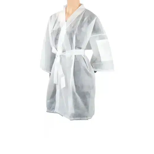 Tarjoa asiakkaillesi ensiluokkainen ja hygieeninen kokemus. Tämä kevyt ja mukava kertakäyttökimono suojaa vaatteita hoitojen aikana. Ihanteellinen spa-