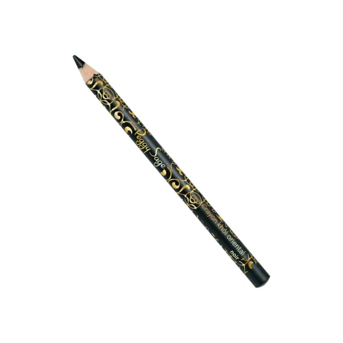 Musta Peggy Sage Crayon Khôl Oriental -silmänrajauskynä, jonka vartta koristavat tyylikkäät kultaiset itämaiset kuviot, aseteltuna viistosti valkoista taustaa vasten.