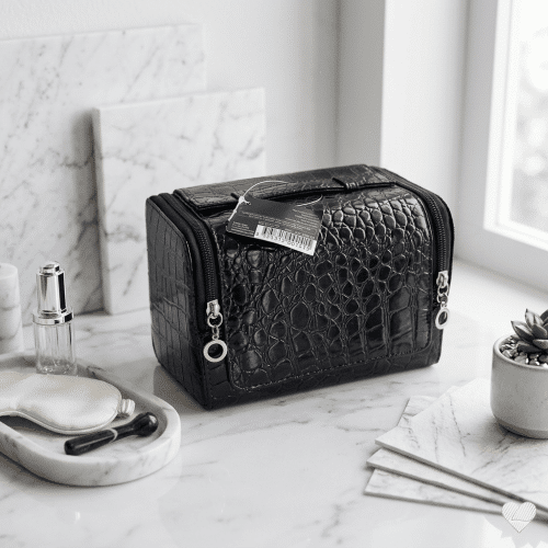 Musta krokotiilikuioinen Peggy Sage kynsilakkalaukku marmorialustalla kauneustuotteiden vieressä.