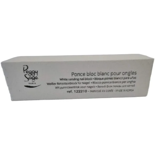 Valkoinen suorakulmainen Peggy Sage -hiomapalkki kynsien tasoittamiseen, jonka sivussa on mustaa tuotetekstiä.