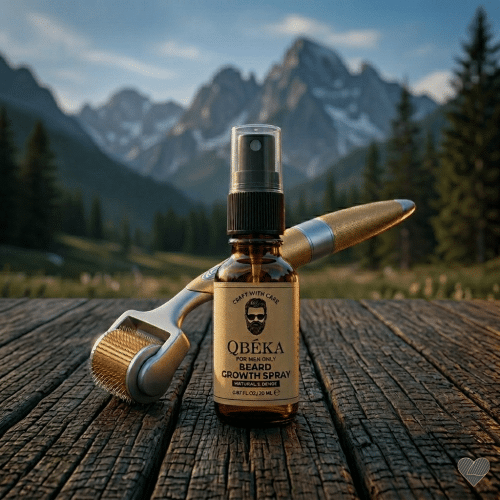 QBÉKA partasuihke ja kultainen ZGTS dermaroller puisella alustalla vuoristomaisemassa.