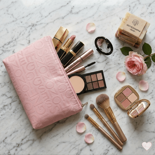 Ylhäältä kuvattu vaaleanpunainen kohokuvioitu meikkipussi täynnä meikkejä, siveltimiä ja ruusunlehtiä marmoripinnalla.