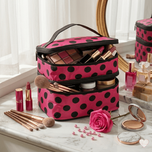 Avattu pinkki mustapilkullinen meikkilaukku täynnä meikkejä, kuten siveltimiä ja huulipunia, marmoripöydällä.