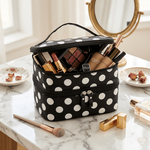 Avattu musta pilkullinen meikkilaukku täynnä meikkejä, kuten huulipunia ja siveltimiä, marmoripöydällä peilin edessä.