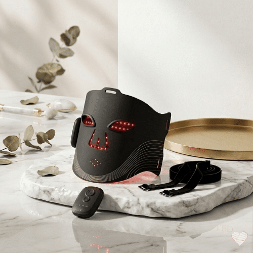 Musta RM19-4 LED-valomaski punaisella valoterapiapotentiaalilla, kaukosäädin ja kiinnityshihnat marmorialustalla.